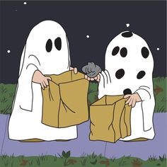 two ghost like people holding boxes in front of a night sky with stars on it