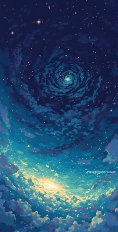 the sky is filled with stars and clouds, as well as an image of a spiral shaped