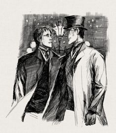 an ink drawing of two men dressed in suits and top hats, standing next to each other