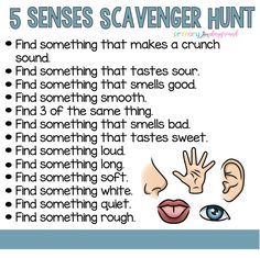 the five senses scavenger hunt is shown with an image of someones hand