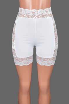 *Free USA shipping! *Handmade after you order: check order processing times These stretchy high-waisted white shorts have a scalloped lace waistband and sheer lace sides. Wear them under skirts, dresses, or shorts for extra leg coverage. ♦LENGTH: 5 inch inseam will reach to your mid to upper thigh ♦FABRIC TYPE: Main fabric is soft and stretchy 90% cotton, 10% spandex medium weight jersey knit. Lace fabric is 90% poly, 10% spandex and lace trim is nylon. ♦WASHING INSTRUCTIONS: hand wash cold or m Stretch Lace Shorts, Lace Trim Shorts, Knit Lace, Lace Side, Lingerie Outfits, Cotton Bottoms, Scalloped Lace, Stretch Lace, Sheer Lace