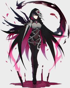 an anime character with long black hair and red eyes standing in front of a white background