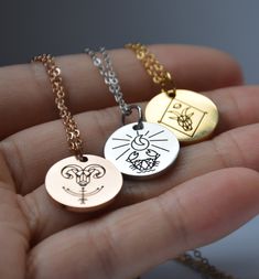 "Each zodiac sign pendant is unique and exquisite! Comfortable and convenient to wear every day. A Zodiac necklace is a special gift for a mother, wife, sisters, friends, and yourself. Suitable for birthdays, Christmas, graduation, holidays, valentine's day, back to school, and parties. ⭐ Product Details Adjustable length Style: Minimalist Can be personalized   ⭐ Product size Disc Diameters: 0.7 inches Chain length - 16\"+ 2 inches is an extender ⭐ Shipping All orders will have 2-3 days processi Horoscope Necklace, Each Zodiac Sign, Zodiac Necklace, Zodiac Necklaces, Disc Necklace, Engraved Jewelry, Necklace Choker, Style Minimalist, A Mother