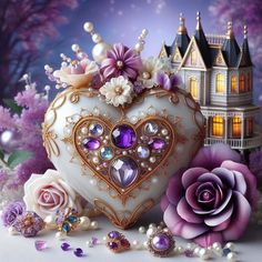 there is a heart shaped box with flowers and pearls in it next to a purple rose