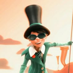 a cartoon character wearing sunglasses and a top hat, standing in front of a wall