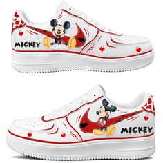 Introducing our Mickey Mouse Casual Sneakers, perfect for adding a touch of fun and nostalgia to your footwear collection. These sneakers feature a vibrant design inspired by the special character, Mickey Mouse, ensuring you stand out in style. Description: Material: Made from genuine leather, offering durability and a comfortable fit. Pattern: Features Mickey Mouse with red accents and lively designs. Texture: Smooth leather surface with a comfortable inner lining. Design: Eye-catching Mickey M Mickey Mouse Nike Shoes, Mickey Mouse Sneakers, Cartoon Low-top Sneakers For Streetwear, Cartoon Style Low-top Sneakers For Streetwear, Casual Custom Sneakers With Character Print For Streetwear, Sporty Sneakers With Character Print For Streetwear, Sporty High-top Sneakers With Character Print, White Cartoon Sneakers For Streetwear, White Character Print Sneakers For Streetwear