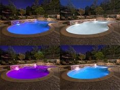 multiple shots of a pool at night with blue and purple lights in the poolside