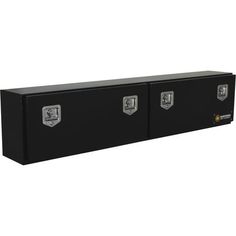 a black wall mounted cabinet with three doors and two locks on the front, side view