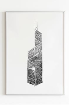 A framed art print of the Bank of China Tower in Hong Kong by Architect I.M. Pei. The drawing is made with black fine liner on a white background. The frame colour is silver and the artwork is mounted on a white wall. A Hand Drawing, I M Pei, Tower Building, Hand Drawing, The Bank