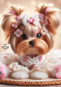 a small dog with pink flowers in her hair