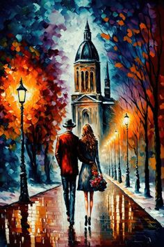 a painting of two people walking down the street