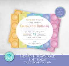 "Editable Poppit Birthday Invitation Any age pastel poppit popit popit  birthday invite ---- I design, You edit! Instant Access to edit your own file using Corjl - an online editing platform available on desktop and mobile devices (limitations on editing when using mobile devices). No need to wait for drafts - instant edit and instant print! --- FREE DEMO --- Try Before You Buy! View your free demo right here: https://www.corjl.com/d/32K7A0 --- PURCHASE INCLUSIONS --- Access to edit a 5x7\" invi Pop It Invitation, Popit Birthday, Emma Wiggle, Pop It, Etsy Australia, Invitation Paper, Birthday Invitations, Invitation Template, Pastel