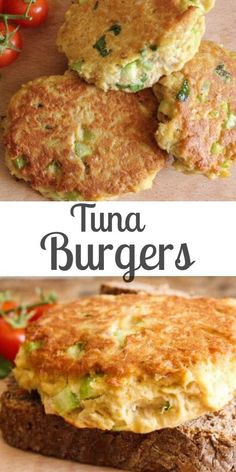 some food that is sitting on top of a cutting board and in front of the words tuna burgers