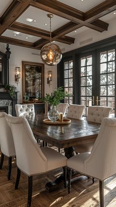 a dining room table with white chairs and a chandelier hanging from the ceiling