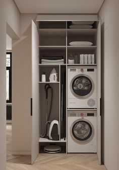 a laundry room with washer and dryer in the closet next to each other