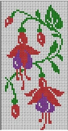 a cross stitch pattern with red flowers and green leaves on the bottom half of it