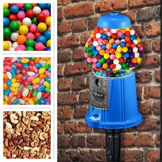 a blue gummy machine next to a brick wall and several different colored candies