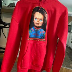 Women’s Chucky Halloween Sweatshirt Nwt Size S Red Crew Neck Halloween Hoodie, Red Crew Neck Hoodie For Halloween, Red Casual Hoodie For Halloween, Casual Red Hoodie For Halloween, Fun Red Tops For Fall, Pop Culture Cotton Sweatshirt For Fall, Fall Cotton Sweatshirt With Pop Culture Style, Pop Culture Graphic Print Hooded Top, Horror Style Long Sleeve Tops For Streetwear