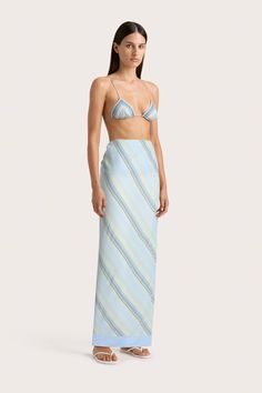 A baby blue and taupe stripe pareo, cut from 100% rayon. Lightweight and breathable, it is designed for multi-way styling and beach to bar wear, able to be tied as a sarong, maxi-style cover-up, mini wrap skirt, twisted top, head scarf or beach bag. Twisted Top, Mini Wrap Skirt, Beach Sarong, Maxi Dress Sale, Maxi Styles, New Print, Wrap Skirt, Event Dresses, Head Scarf