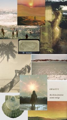 a collage of images with people on the beach and in the water at sunset