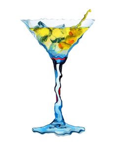 a painting of a martini glass with olives on the rim and water splashing around it