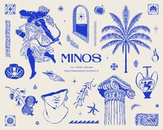 an image of various things that are drawn in blue ink on white paper with the words minos written above them