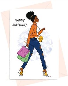 a birthday card with an illustration of a woman carrying shopping bags