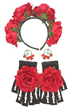 a red rose headband and two pairs of black gloves with flowers on the sides