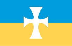 the flag of ukraine with a large white cross on it's center and blue sky in the background