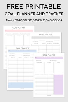 the goal planner and tracker printable is shown in three different colors, with text overlay