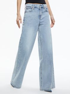 Trish Mid Rise Baggy Jean In Rockstar Blue | Alice And Olivia Chic Baggy Flare Jeans, Trendy Wide Leg Faded Jeans, Chic Baggy Mid-rise Jeans, Chic Faded Wide Leg Bottoms, Chic Baggy Mid-rise Flare Jeans, Chic Wide Leg Faded Bottoms, Chic Baggy Full Length Jeans, Trendy Light Wash Wide-leg Jeans, Chic Baggy Full-length Jeans