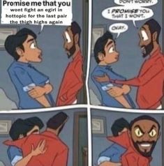 a comic strip with an image of two men hugging each other and the caption says, prom me that you won't go poop in the middle of walama?