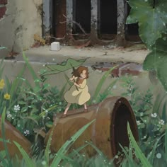 a cartoon girl holding a green leaf standing on top of a barrel in the grass