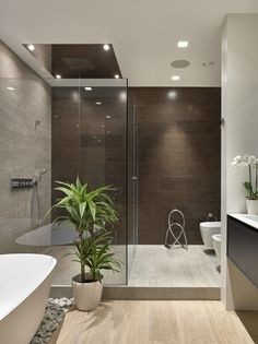 a modern bathroom with wood paneling and glass shower door, tub, sink, and toilet