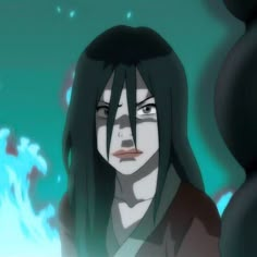 an anime character with long black hair looking at the camera