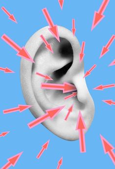 an ear with pink arrows coming out of it and blue sky in the back ground