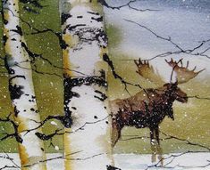 a painting of a moose standing in the snow between two birch trees with snow falling on them