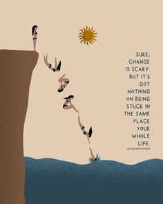 an image of people diving into the ocean from a cliff with words above them that say,