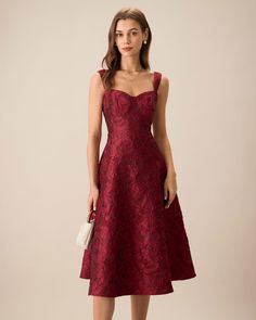 The Red Sweetheart Neck Jacquard Midi Dress & Reviews - Red - Dresses | RIHOAS Christmas Shop, Beige Dresses, Long Sleeve Short Dress, Red Midi Dress, Cocktail Parties, Fall Skirts, Sweetheart Neck, Evening Attire, Shop Maxi Dresses