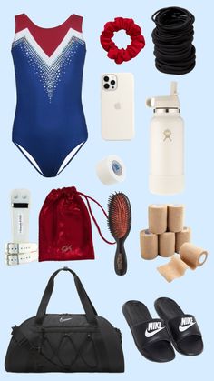 the contents of a woman's swimsuit laid out on a blue background