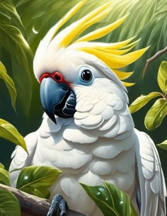 a painting of a white cockatoo perched on a tree branch with green leaves