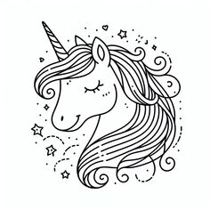 a black and white drawing of a unicorn's head with stars around it on a white background