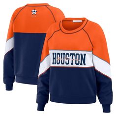 The Women's WEAR by Erin Andrews Orange/Navy Houston Astros Crewneck Pullover Sweatshirt is the perfect way to show your support for the Houston Astros. Made from a comfortable cotton and polyester blend, this midweight sweatshirt features embroidered details, a rib knit collar, cuffs, and hem, and raglan sleeves for a stylish and comfortable fit. Whether you're cheering on the Astros at the stadium or relaxing at home, this sweatshirt will keep you warm and comfortable while showcasing your tea Navy Long Sleeve Collegiate Top, Navy Sweater For College In Fall, Navy Crew Top For College, Navy Crew Neck Top For College, Navy Winter College Tops, Navy Winter College Top, Navy Winter Top For College, Navy Winter Tops For College, Navy Varsity Top For Fall