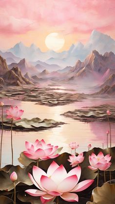 a painting of pink water lilies in front of mountains and the sun rising over them