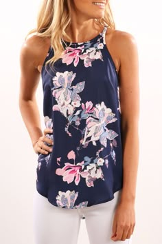 Cuttout Top Navy | Women's | Jean Jail Womens Camisoles, Mode Boho, Casual Tanks, Floral Print Shirt, Stitch Fix Inspiration, Casual Tops For Women, Floral Print Tops, Casual Tank Tops, Fashion Weeks