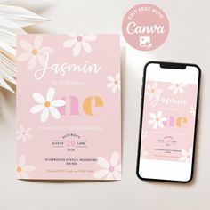 a pink and yellow flower themed birthday party card next to an iphone on a table