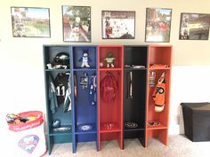 the lockers are painted different colors and have baseball memorabilia on them