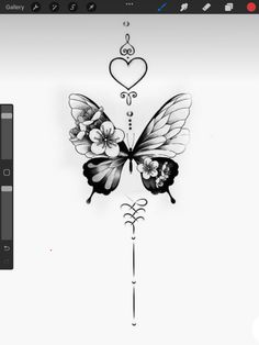 a drawing of a butterfly with flowers on it's wings and an arrow in the shape of a heart