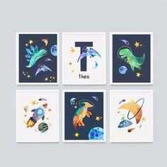 four children's wall art prints with the letter t in different colors and designs