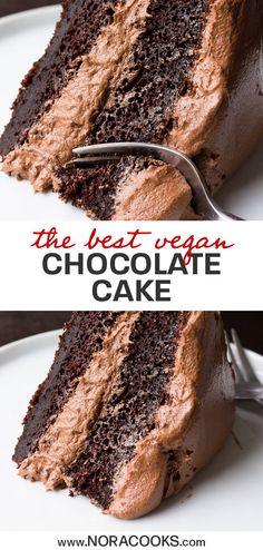 the best vegan chocolate cake is on a white plate with a fork in it